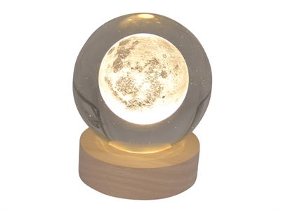 Klarglaskugel, ca.8cm, LED-Holzsockel mit USB, eingelasertes Motiv Mond